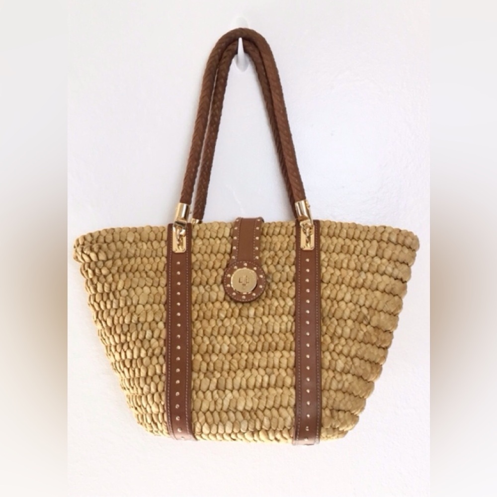 MICHAEL KORS Straw Tote Purse Handbag Leather Trim